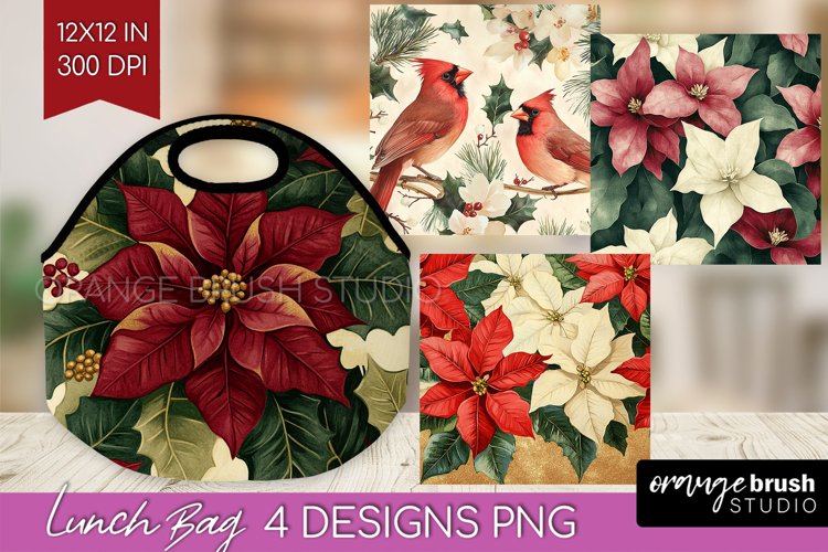 Poinsettia Lunch Bag - Christmas Lunch Bug PNG Sublimation example image 1