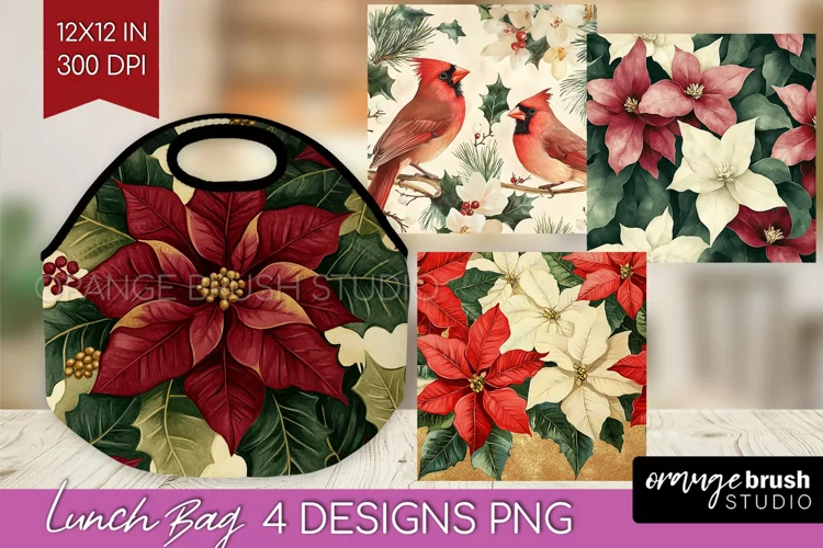 Poinsettia Lunch Bag - Christmas Lunch Bug PNG Sublimation