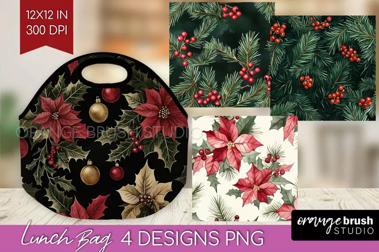 Poinsettia Lunch Bag - Christmas Lunch Bug PNG Sublimation