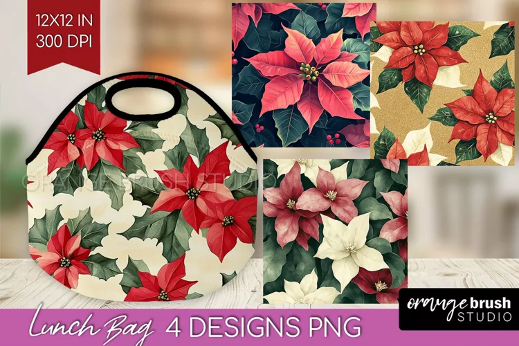 Poinsettia Lunch Bag - Christmas Lunch Bug PNG Sublimation