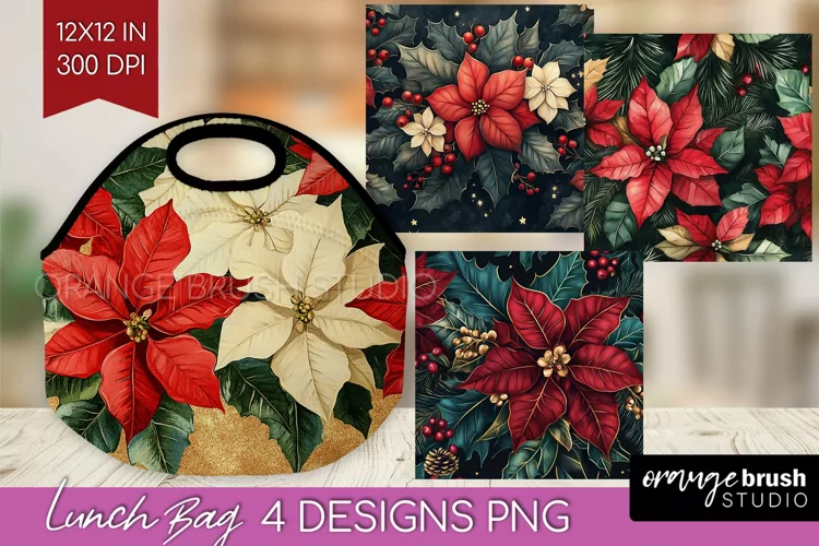 Poinsettia Lunch Bag - Christmas Lunch Bug PNG Sublimation
