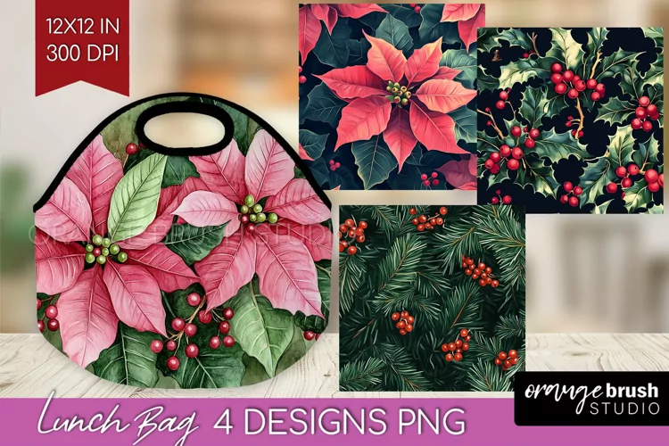 Poinsettia Lunch Bag - Christmas Lunch Bug PNG Sublimation