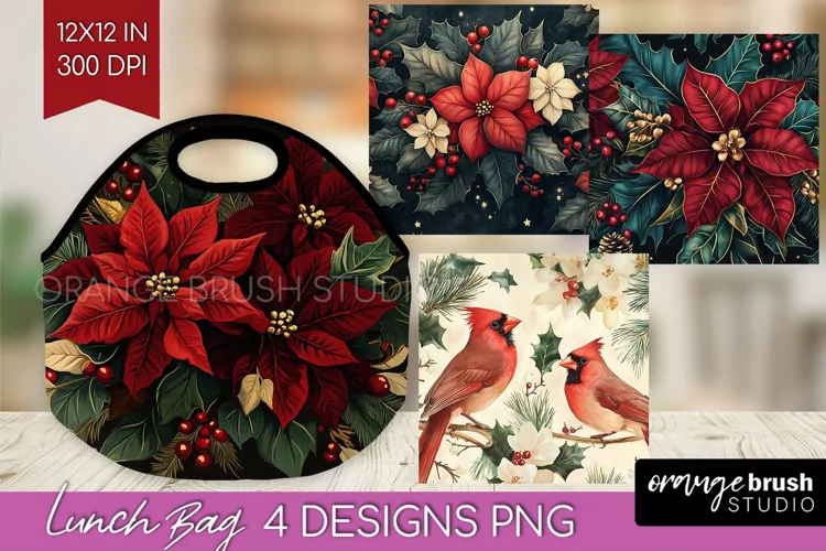 Poinsettia Lunch Bag - Christmas Lunch Bug PNG Sublimation