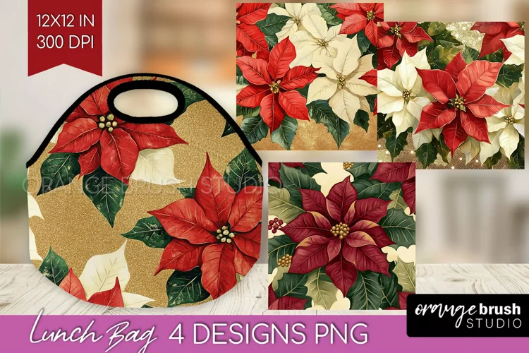 Poinsettia Lunch Bag - Christmas Lunch Bug PNG Sublimation