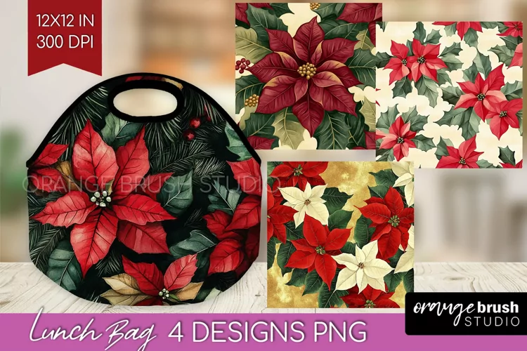 Poinsettia Lunch Bag - Christmas Lunch Bug PNG Sublimation