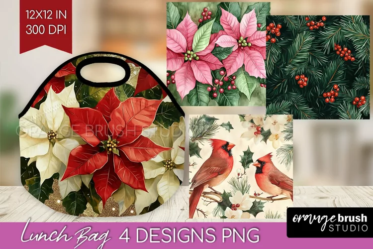 Poinsettia Lunch Bag - Christmas Lunch Bug PNG Sublimation
