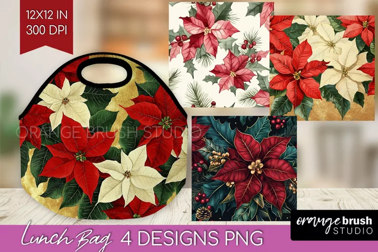 Poinsettia Lunch Bag - Christmas Lunch Bug PNG Sublimation