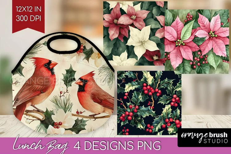 Poinsettia Lunch Bag - Christmas Lunch Bug PNG Sublimation