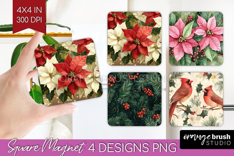 Poinsettia Magnet Sublimation - Christmas Square Magnet PNG
