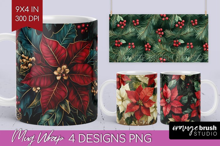 Poinsettia Mug Wrap - Christmas Mug PNG Sublimation