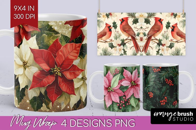 Poinsettia Mug Wrap - Christmas Mug PNG Sublimation