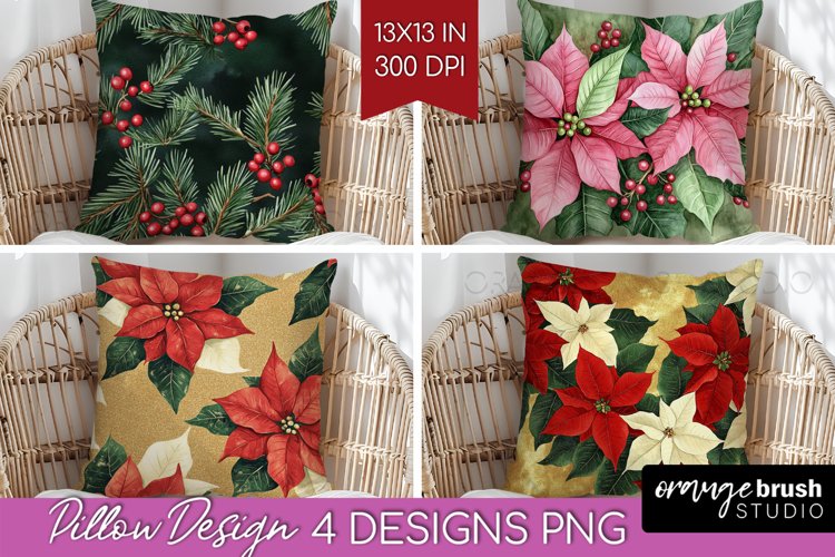Poinsettia Pillow Sublimation - Christmas Pillow Cover PNG