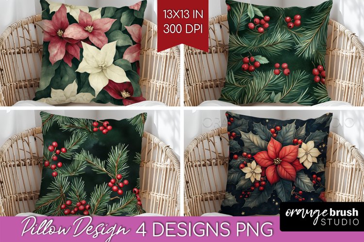 Poinsettia Pillow Sublimation - Christmas Pillow Cover PNG