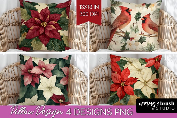 Poinsettia Pillow Sublimation - Christmas Pillow Cover PNG