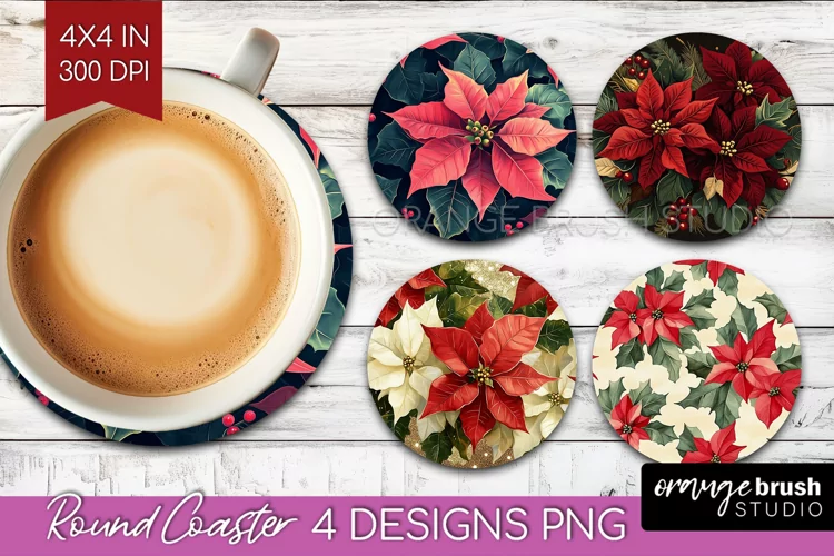 Poinsettia Round Coaster - Christmas Coaster PNG Sublimation