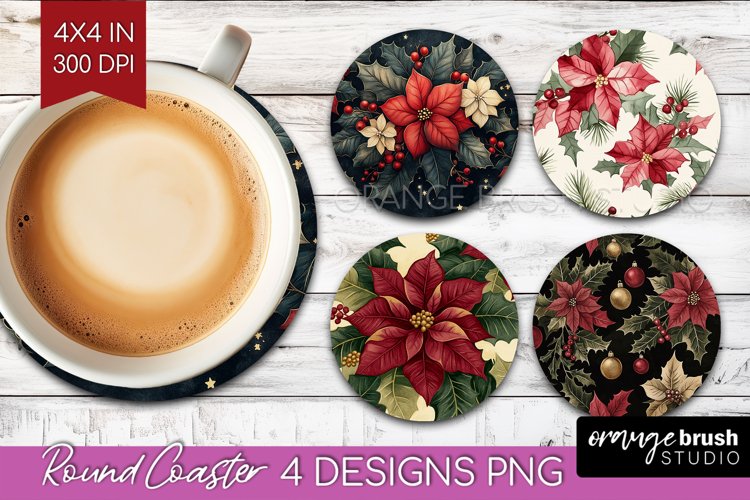 Poinsettia Round Coaster - Christmas Coaster PNG Sublimation