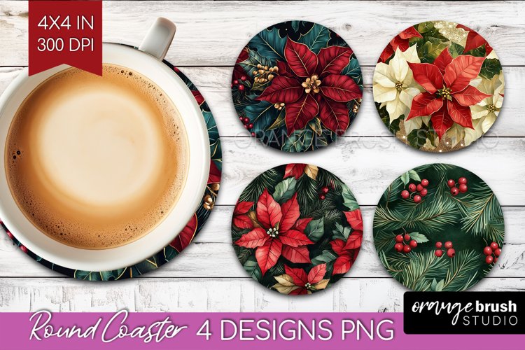 Poinsettia Round Coaster - Christmas Coaster PNG Sublimation