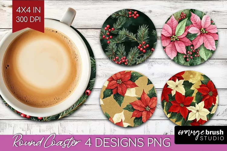 Poinsettia Round Coaster - Christmas Coaster PNG Sublimation