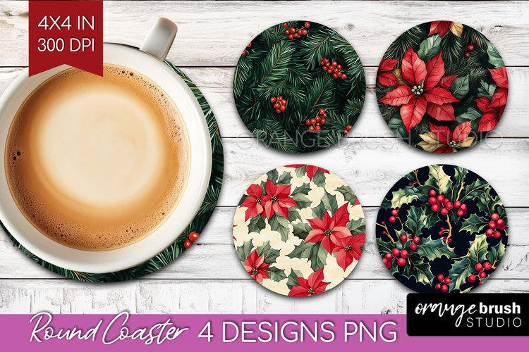 Poinsettia Round Coaster - Christmas Coaster PNG Sublimation example image 1