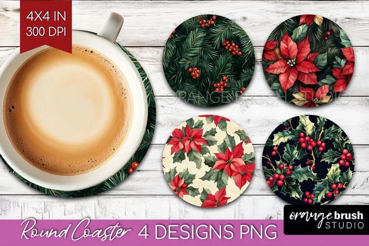 Poinsettia Round Coaster - Christmas Coaster PNG Sublimation