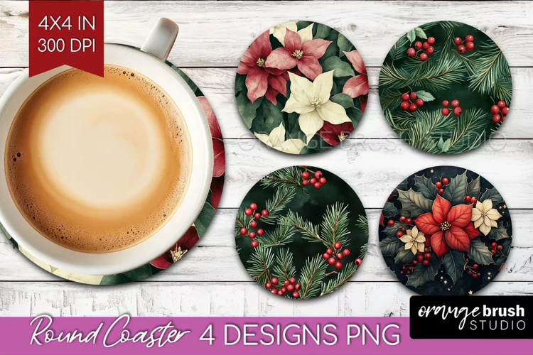 Poinsettia Round Coaster - Christmas Coaster PNG Sublimation