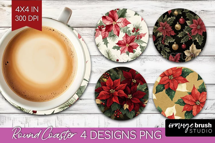 Poinsettia Round Coaster - Christmas Coaster PNG Sublimation