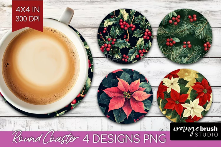 Poinsettia Round Coaster - Christmas Coaster PNG Sublimation