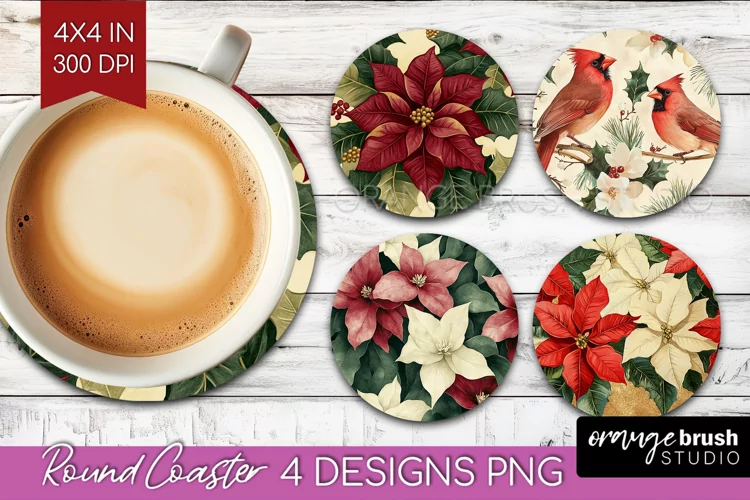 Poinsettia Round Coaster - Christmas Coaster PNG Sublimation