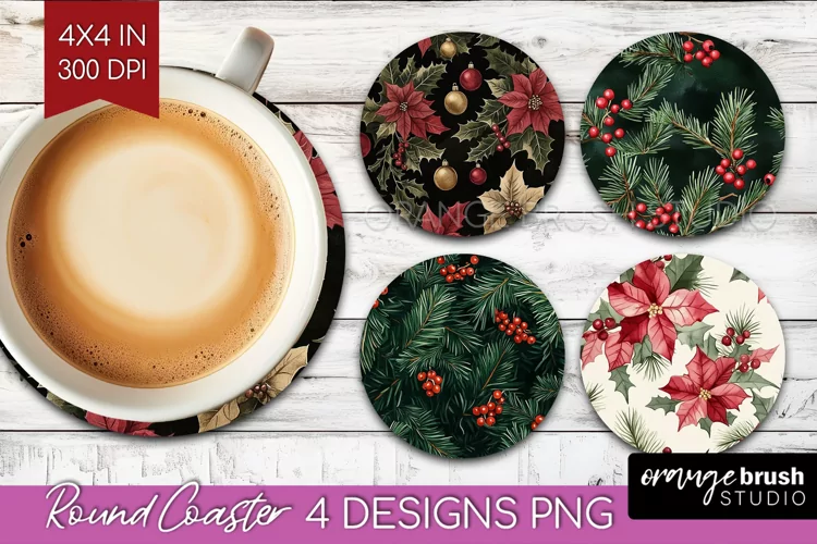 Poinsettia Round Coaster - Christmas Coaster PNG Sublimation