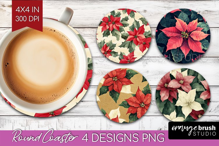 Poinsettia Round Coaster - Christmas Coaster PNG Sublimation example image 1