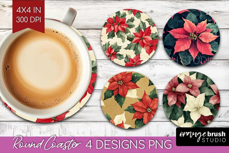 Poinsettia Round Coaster - Christmas Coaster PNG Sublimation