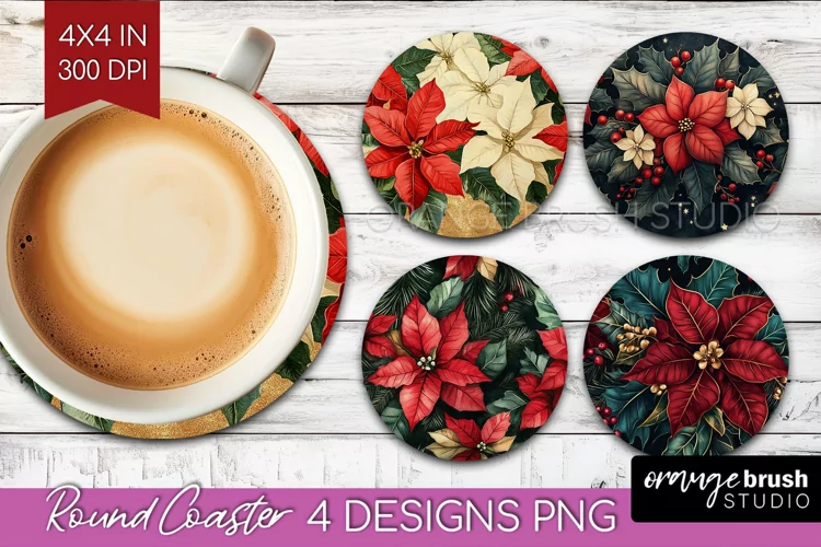 Poinsettia Round Coaster - Christmas Coaster PNG Sublimation