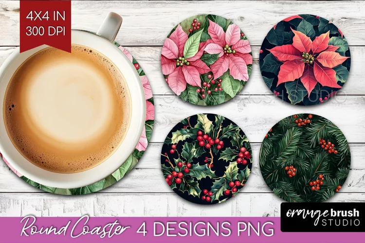 Poinsettia Round Coaster - Christmas Coaster PNG Sublimation