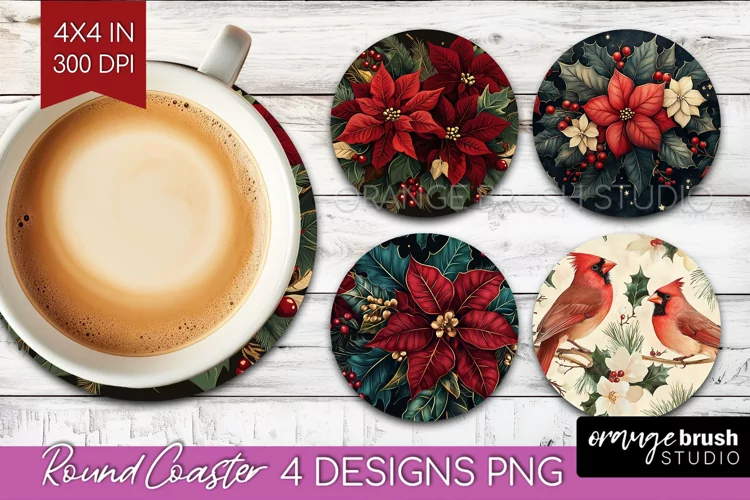 Poinsettia Round Coaster - Christmas Coaster PNG Sublimation