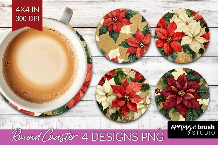 Poinsettia Round Coaster - Christmas Coaster PNG Sublimation example image 1