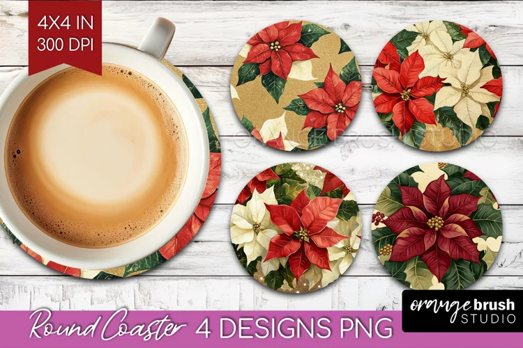 Poinsettia Round Coaster - Christmas Coaster PNG Sublimation