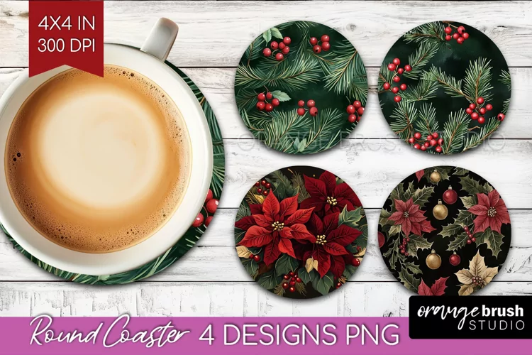 Poinsettia Round Coaster - Christmas Coaster PNG Sublimation