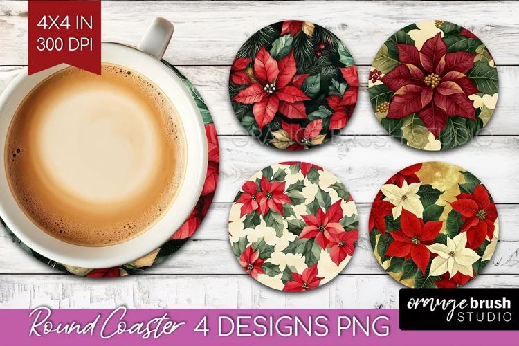 Poinsettia Round Coaster - Christmas Coaster PNG Sublimation