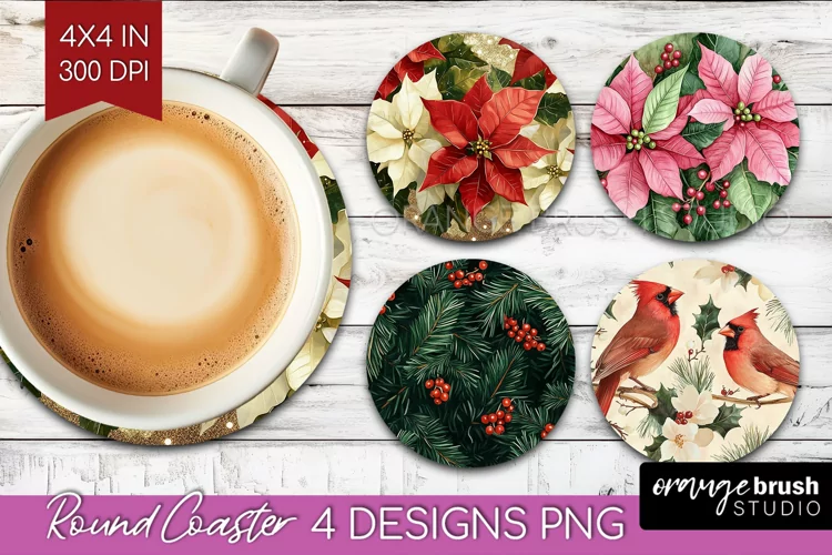 Poinsettia Round Coaster - Christmas Coaster PNG Sublimation