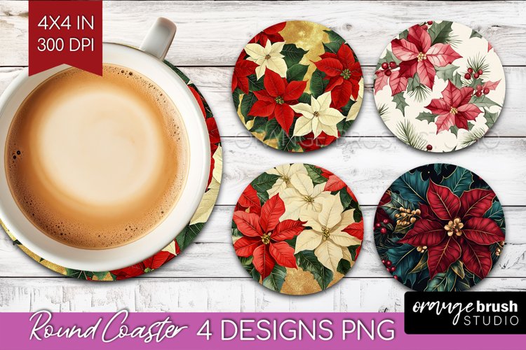 Poinsettia Round Coaster - Christmas Coaster PNG Sublimation