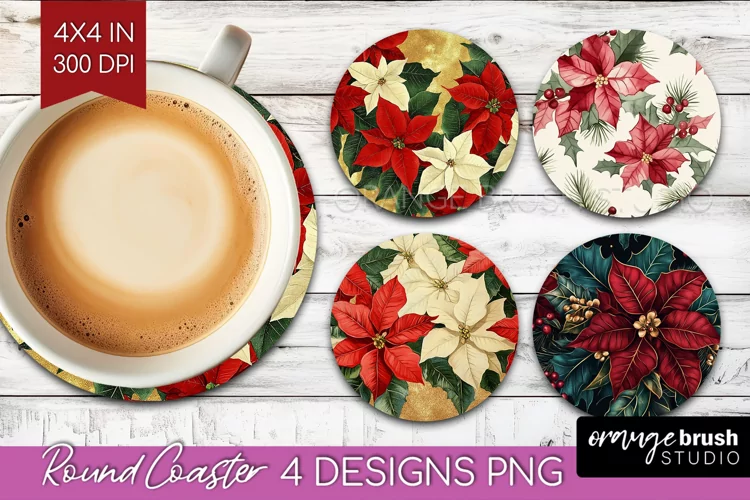 Poinsettia Round Coaster - Christmas Coaster PNG Sublimation