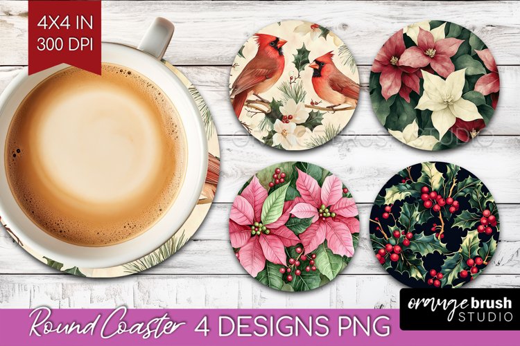 Poinsettia Round Coaster - Christmas Coaster PNG Sublimation example image 1