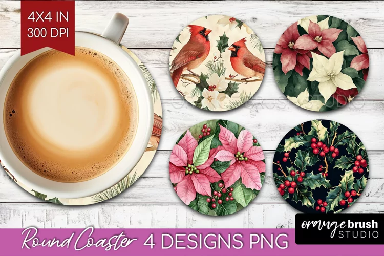 Poinsettia Round Coaster - Christmas Coaster PNG Sublimation