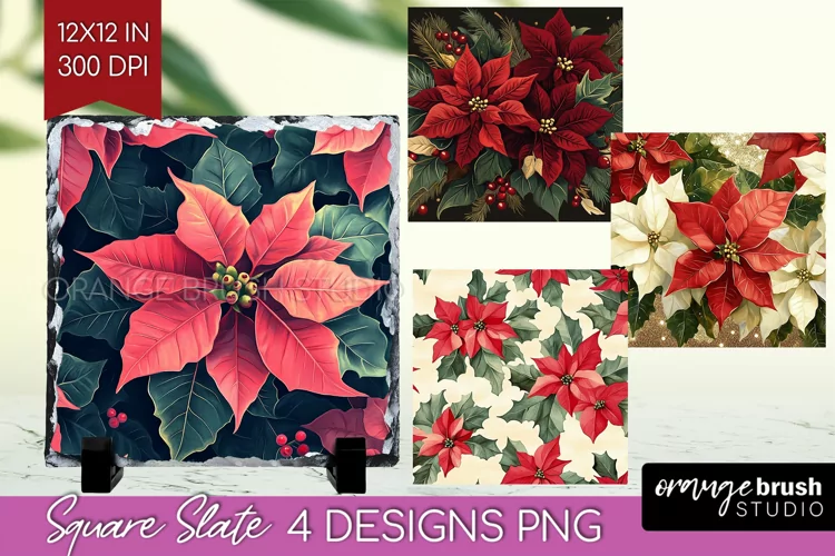 Poinsettia Slate PNG - Christmas Square Slate Sublimation