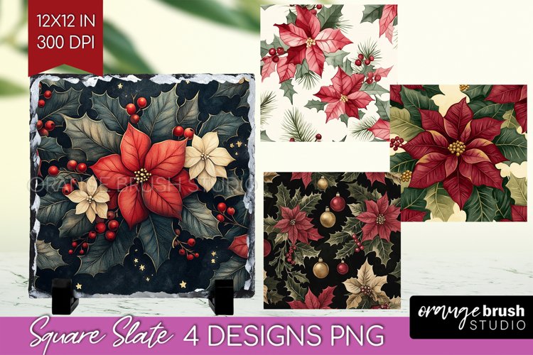Poinsettia Slate PNG - Christmas Square Slate Sublimation example image 1