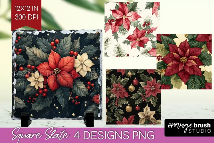 Poinsettia Slate PNG - Christmas Square Slate Sublimation