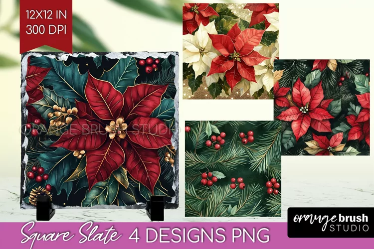 Poinsettia Slate PNG - Christmas Square Slate Sublimation