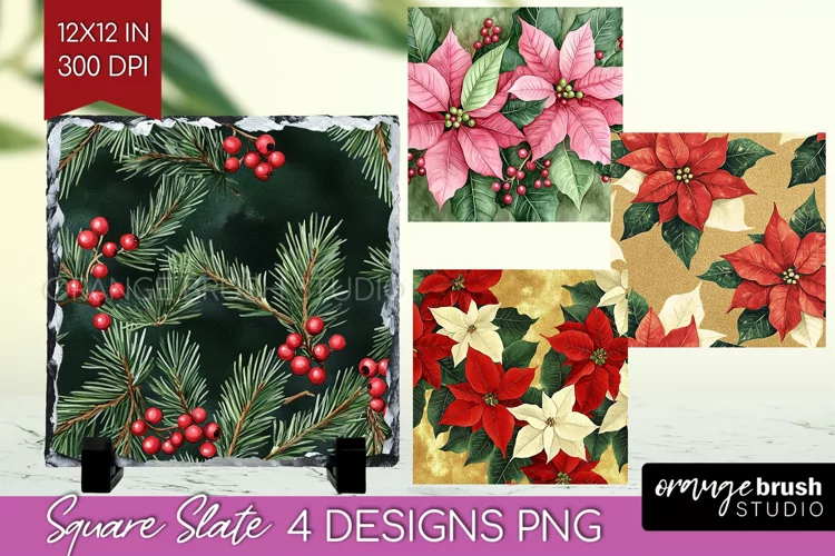 Poinsettia Slate PNG - Christmas Square Slate Sublimation