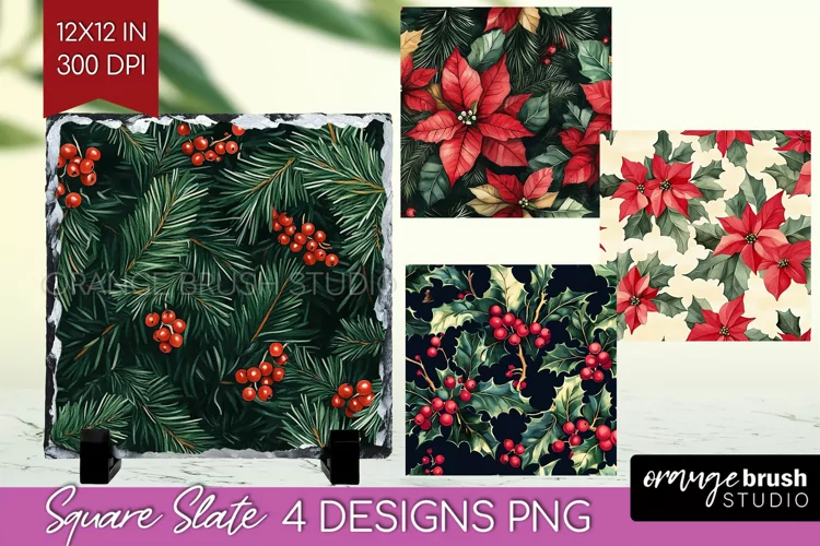 Poinsettia Slate PNG - Christmas Square Slate Sublimation