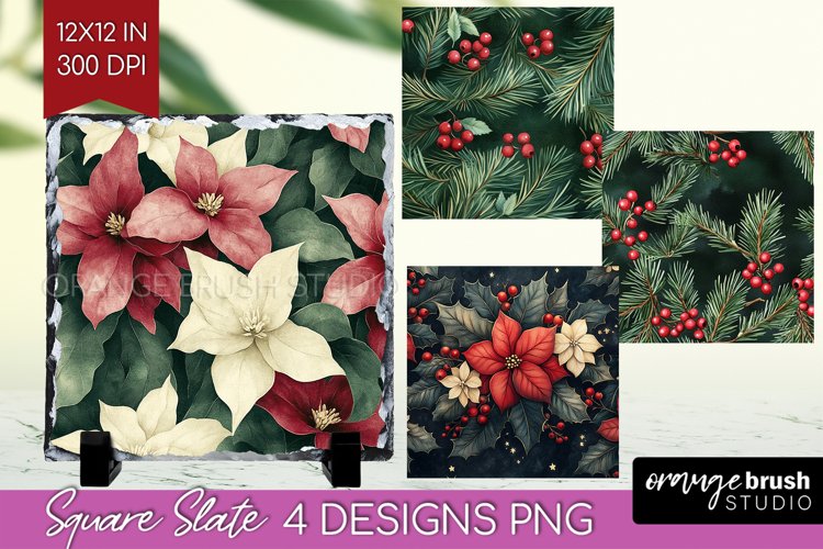 Poinsettia Slate PNG - Christmas Square Slate Sublimation example image 1